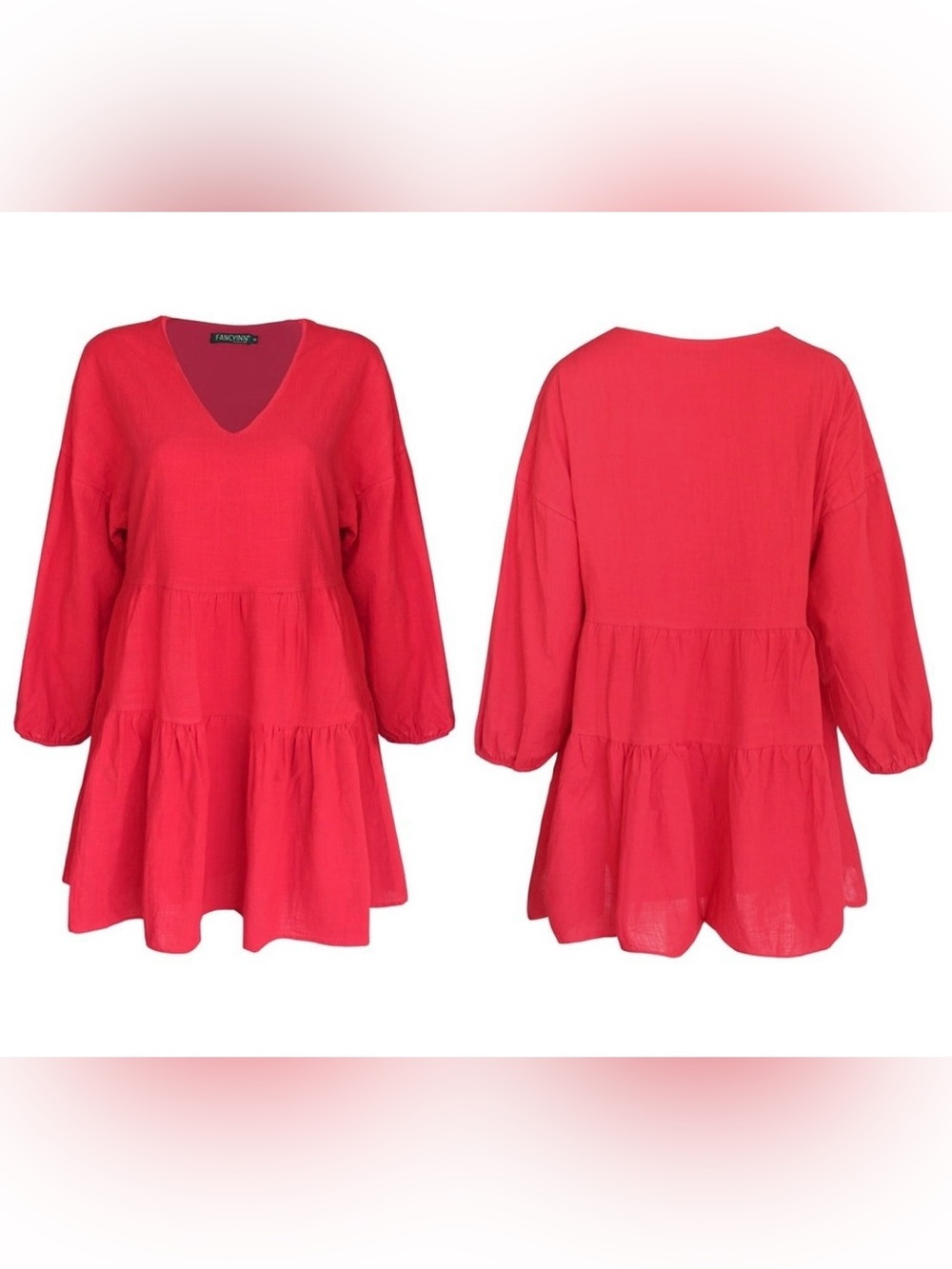 Fancyinn Coral-Red V-Neck Tiered Mini Dress